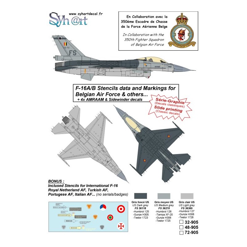 Syhart 905 - F-16A/B Falcon, standard stencils for Belgian Air Force and others